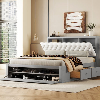 Gray Queen Platform Bed With Wood Headboard Storage, 4 Drawers & Shoe Rack Shape Rack, Nuance