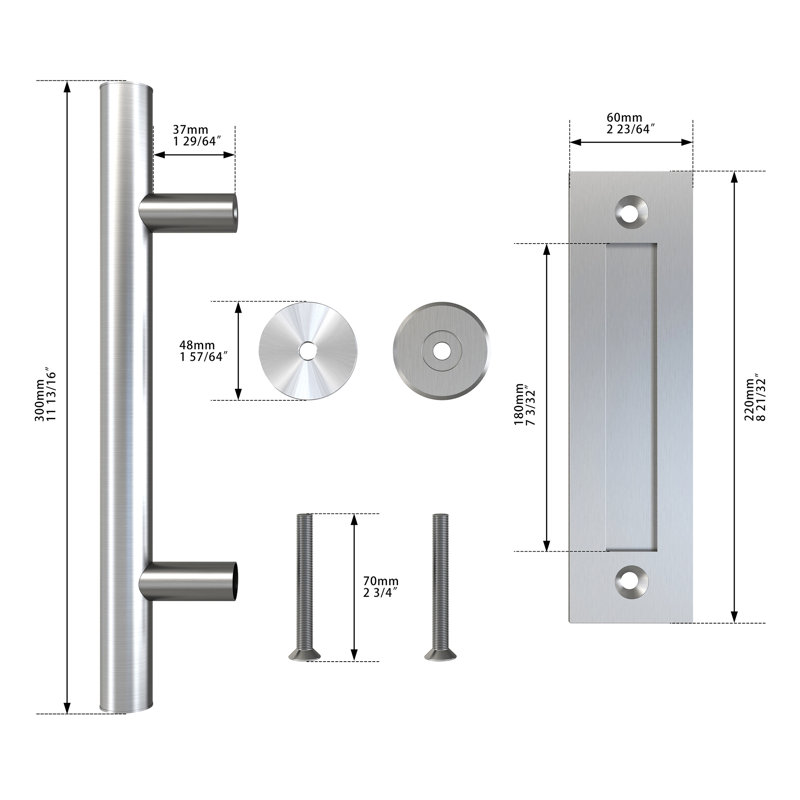 JUBEST 12 in. Double Side Sliding Door Handle Flush and Pull Hardware Set Steel, Silver