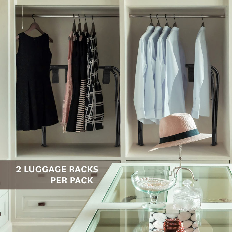 Ensemble de 2 porte-valises pliables en métal pliable avec sangles en nylon noir durable - pour la chambre à coucher, la chambre d'amis ou l'hôtel (acier noir)