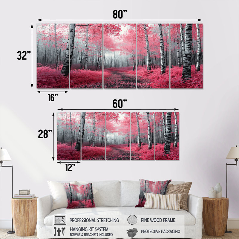 Bouleaux roses, chemin forestier, Panorama I - ensemble de décorations murales forêt, H 32 po x l 80 po