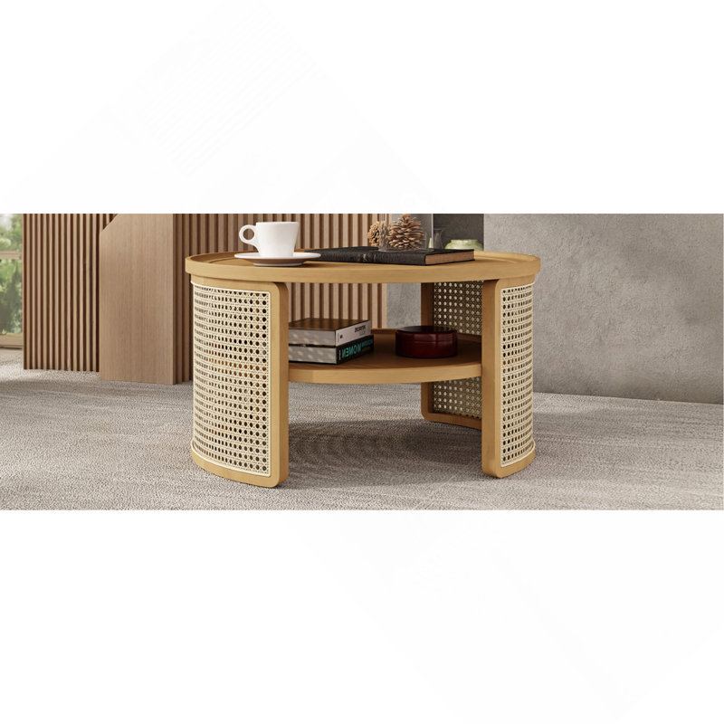 Table basse ronde à 2 niveaux en bois naturel avec base en rotin de rangement de 31,3 po