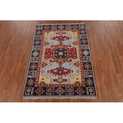 Blue Geometric Kazak Oriental Rug 4x6