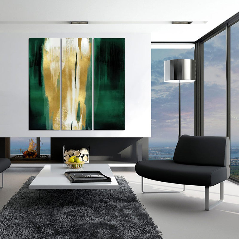«Free Fall Emerald with Gold I» par Christine Wright - impression sur toile tendue 3 pièces