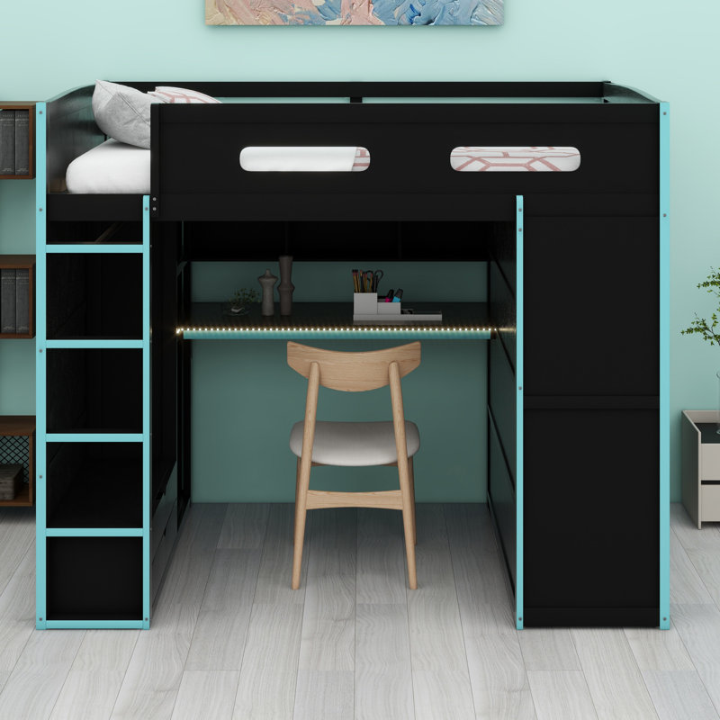 Wood Loft Bed With Desk,Wardrobe,Ample Storage Space,And RGB LED Light, Cloud Blue