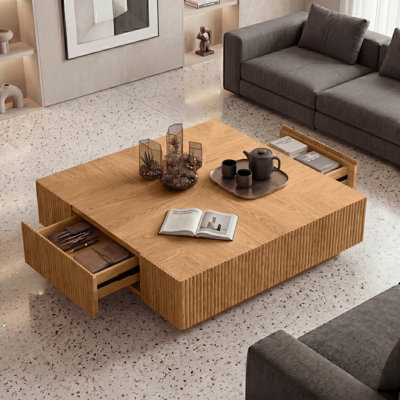 Table basse carrée en bois massif 35,3 pouces avec 2 tiroirs, frêne et chêne fabriqués à la main