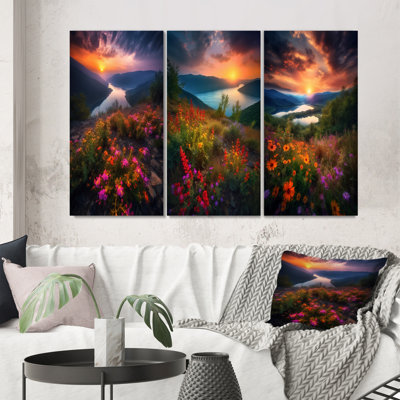 "Fleurs au-dessus d'un majestueux coucher de soleil sur la vallée" - 3 pièces