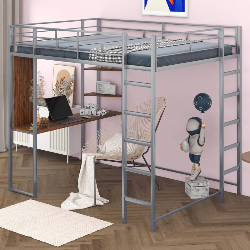 Metal Loft Bed with 2 Shelves and one Desk, Full, Silver