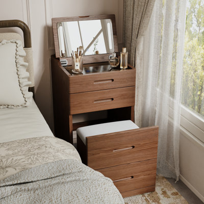 Solid Wood 3-in-1 Fully Assembled Vanity Desk with Flip Top LED Mirror, Hidden Stool & Built-in Power Outlet