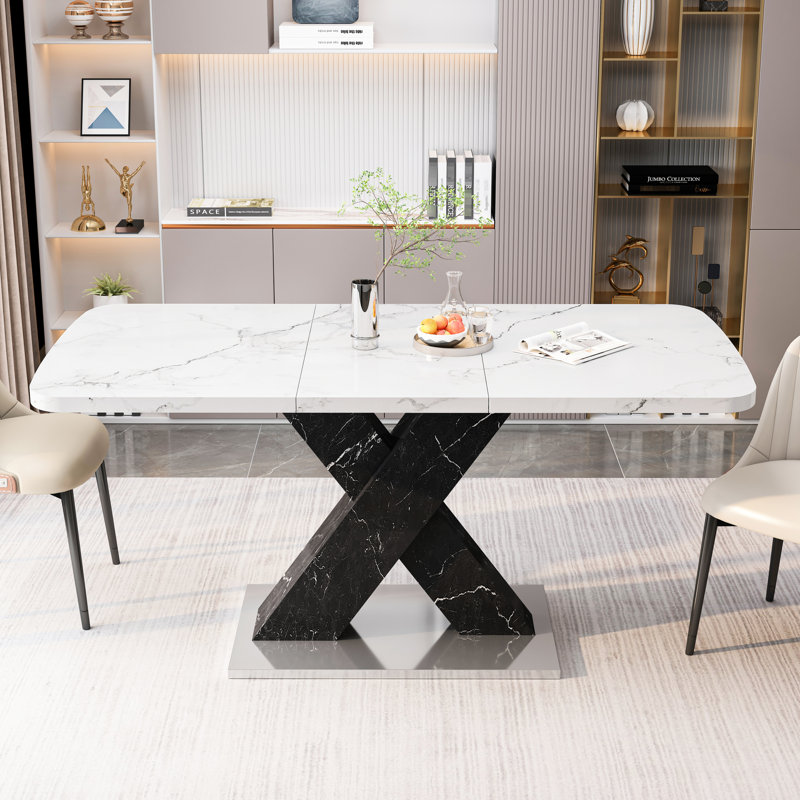 Table de salle à manger carrée moderne avec fonction extensible - plateau en forme de marbre blanc + base en métal à pieds noirs, hauteur 30,19 po, aspect marbre, longueur 61,27 po
