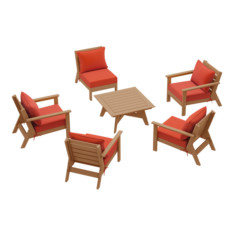 6-Piece Deep Seating Set, Teak, Orange
