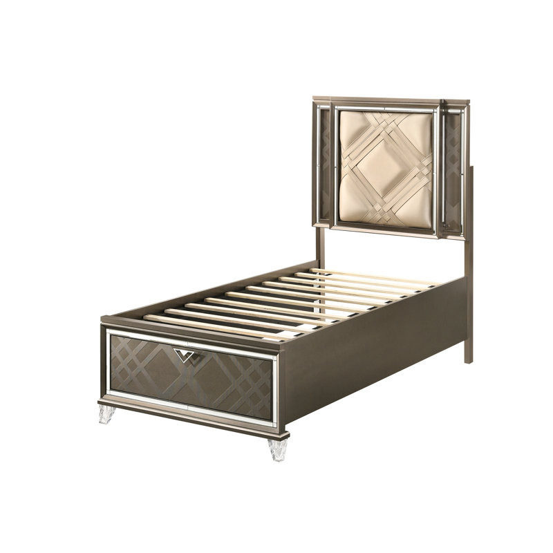 Lit double avec rangement et DEL, champagne foncé, similicuir à DEL, qualité