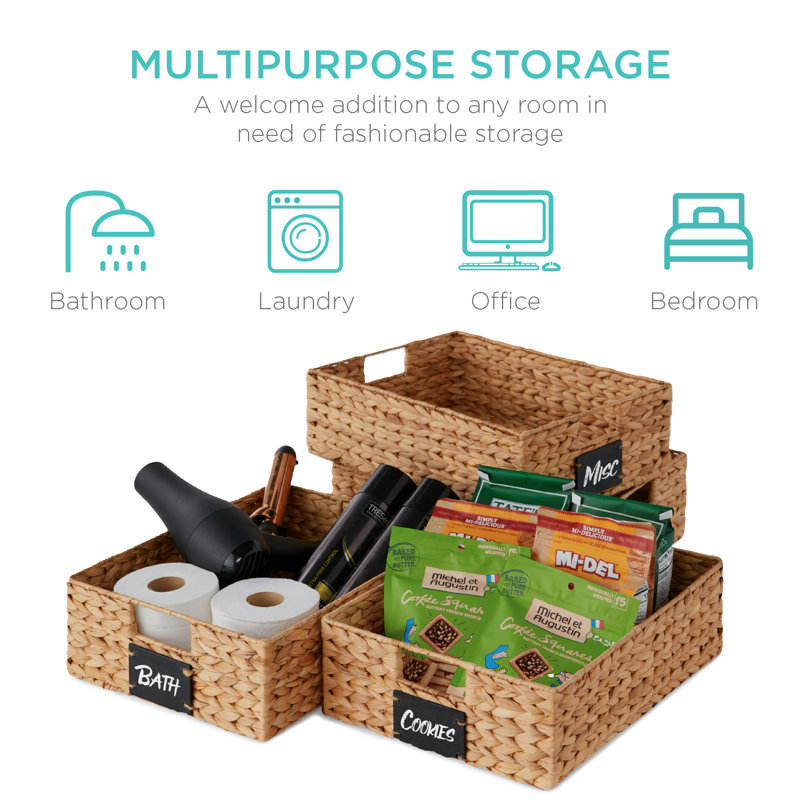 4 16x12in Woven Water Hyacinth Pantry Baskets w/ Chalkboard Label, Chalk Marker, Natural