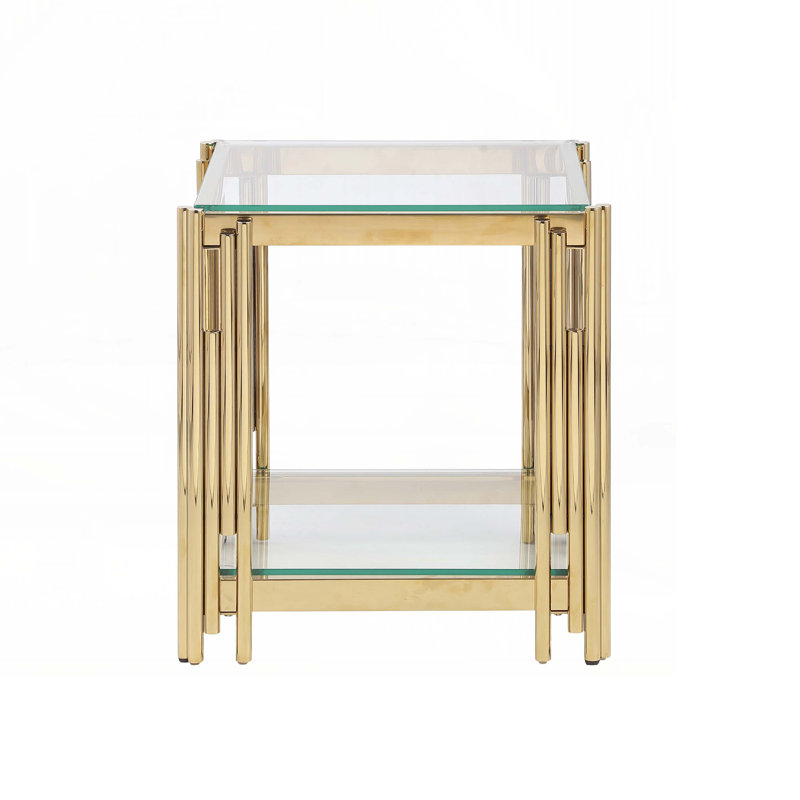 Wood Console Table with  Glass Top, Golden Stainless Steel, Transparent