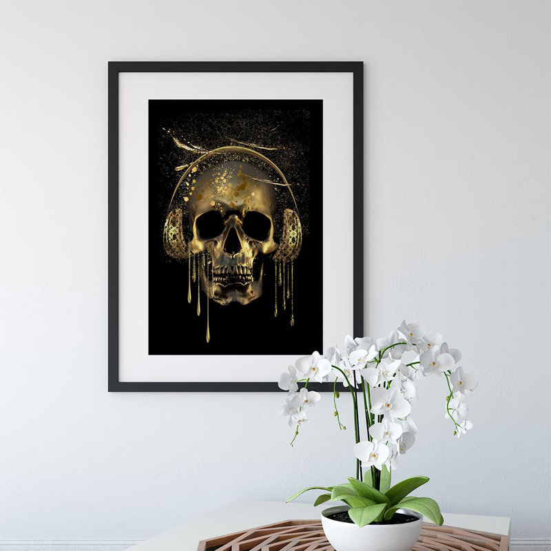 Gold Skull with Headphones 1 Piece Floater Frame Wall Art, 91cm H x 61cm W x 2.5cm D, Black Framed