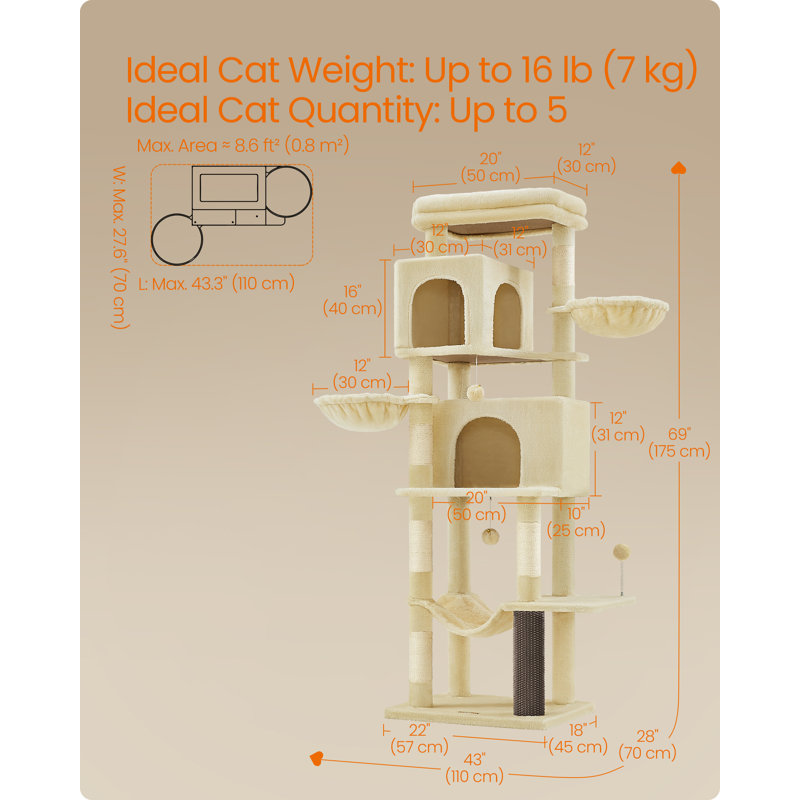 175cm H Cat Tree, Sand Beige