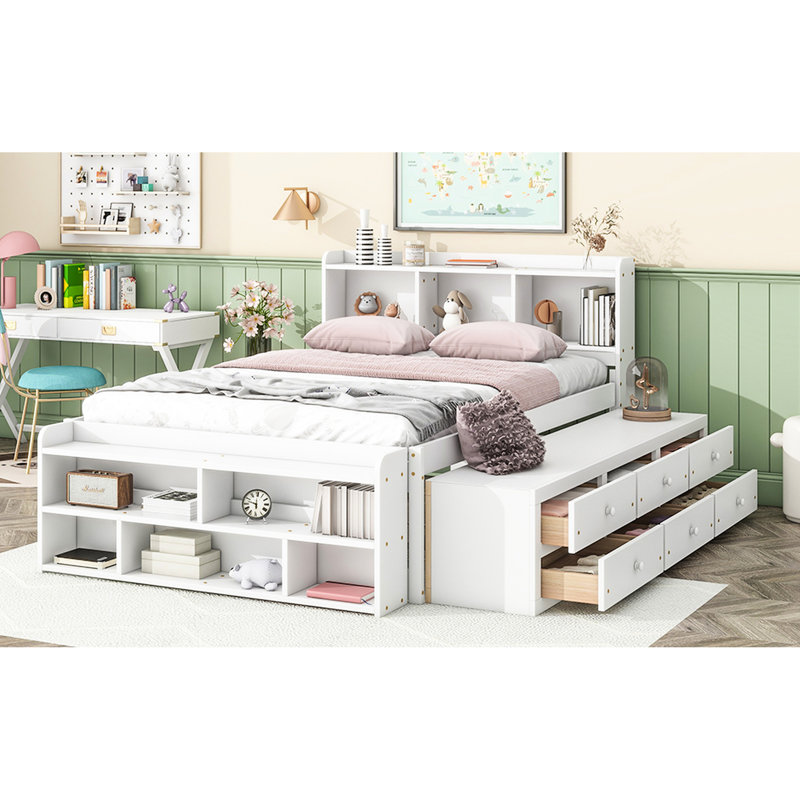 Full Size Bed With Bookcase Headboard And Under Storage, White End Case Featuring Bookcase, Storage &