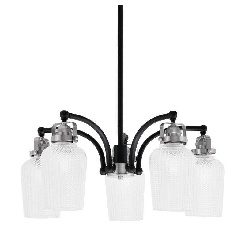 Lustre avec 5 lumières Easton, Noir mat/nickel brossé, Verre texturé transparent