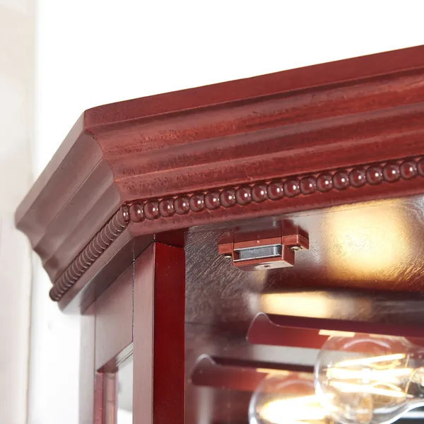 Vitrine de coin Cherry® en noyer avec lumières - tablettes en verre trempé, anti-basculement, dossier en miroir, Cerisier