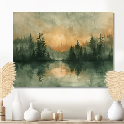 Green yellow sunrise fog in the forest III - Countryside Canvas Wall Art