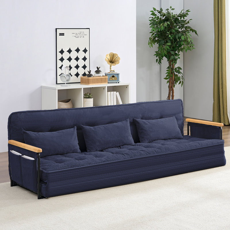 3-in-1 Convertible Sofa Bed & Recliner - Now with Sturdy Wooden Arms! 6-Position Adjustable Backrest (90°-180°), 86.6" Wide Tufted Fabric Sectional with Side Pockets, Multi-functional Chaise Lounge