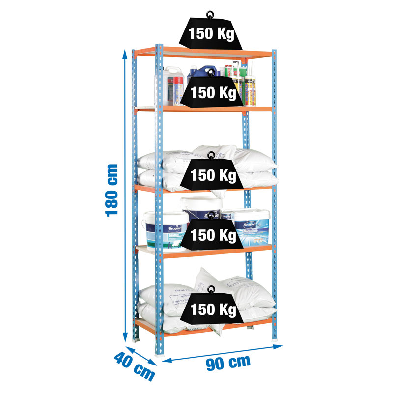 90cm W Metal Height -Adjustable Shelving Unit, 180cm H x 90cm W x 40cm D, Blue/Orange/Beige