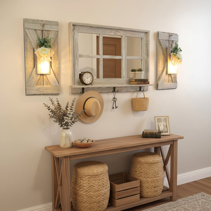 Light Brown Window Pane Mirror with X-Style Shutters and Set of 2 Mason Jar Sconces