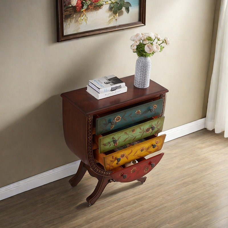 Hand-painted 4-Drawer Cabinet with Carved Design
