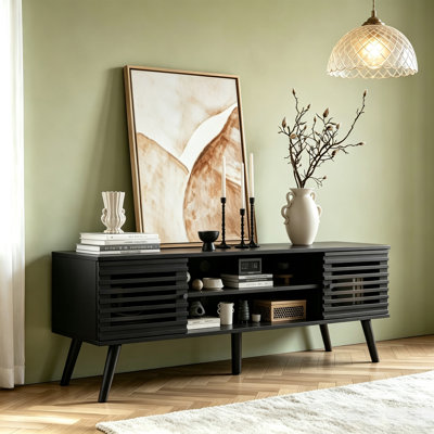53" Mid Century Modern Tv Stand For 50/55/60 Inch Tv, Tv Media Console With Slatted Doors For Tvs Up To 60", Entertainment Center With Storage For Living Room, Bedroom, Black