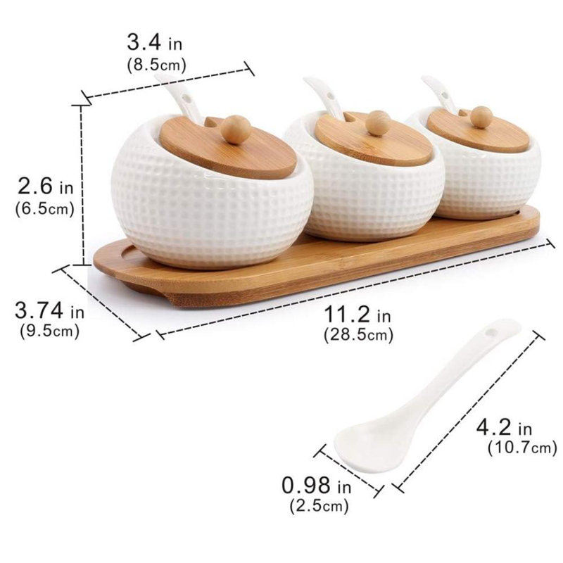 Porcelain Condiment Jar Spice Container With Lids - Bamboo Cap Holder Spot, Ceramic Serving Spoon, Wooden Tray Best Pottery Cruet Pot For Your Home, Kitchen, Counter. White,170 ML   Set Of 3