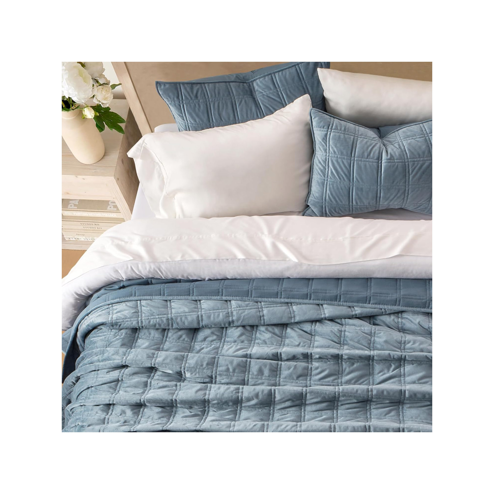 Double Box Stitch Velvet Quilt set, Blue Linen, King Quilt + 2 King Shams