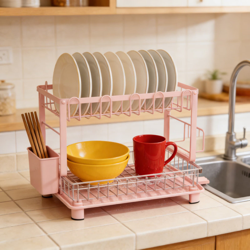 Multifunctional 2-Tier Dish Drying Rack With Drainboard - Rustproof Space-Saving Kitchen Counter Organizer With Utensil And Cup Holders