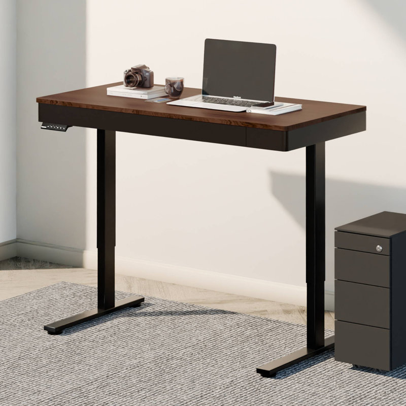 Bureau électrique debout à hauteur réglable avec moteur et tiroirs pour le bureau personnel, Brun / Noir