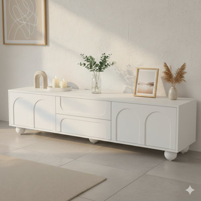Cream-Style Minimalist Media Console With Arched Doors And Two Drawers For Tvs Up To 75 Inches. Features A Rebound Device And Five Iron Round Legs, Suitable For Living Rooms Or Bedrooms.