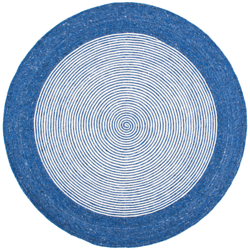 Braided Hand Woven Wool/Cotton Abstract Rug in Navy/Ivory, Round 5'