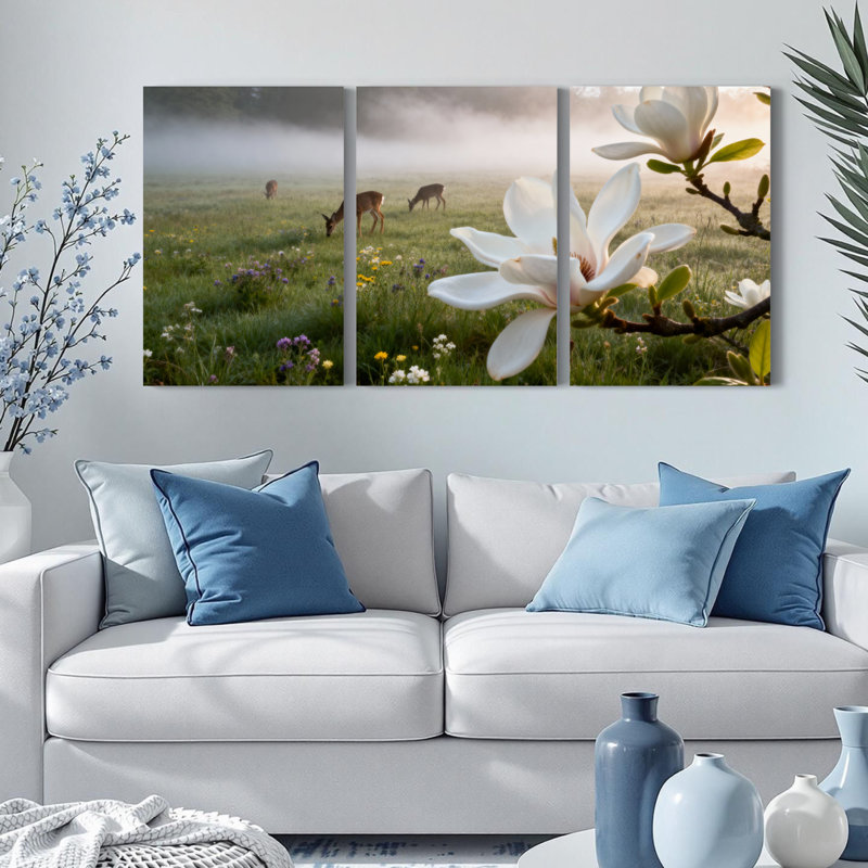 Ensemble de 3 toiles murales représentant un paysage de cerfs et de magnolias, pour la décoration du salon et de la chambre.