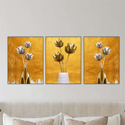 3 Piece Glam Metallic Floral  MDF Wall Decor Set, Gold And Silver
