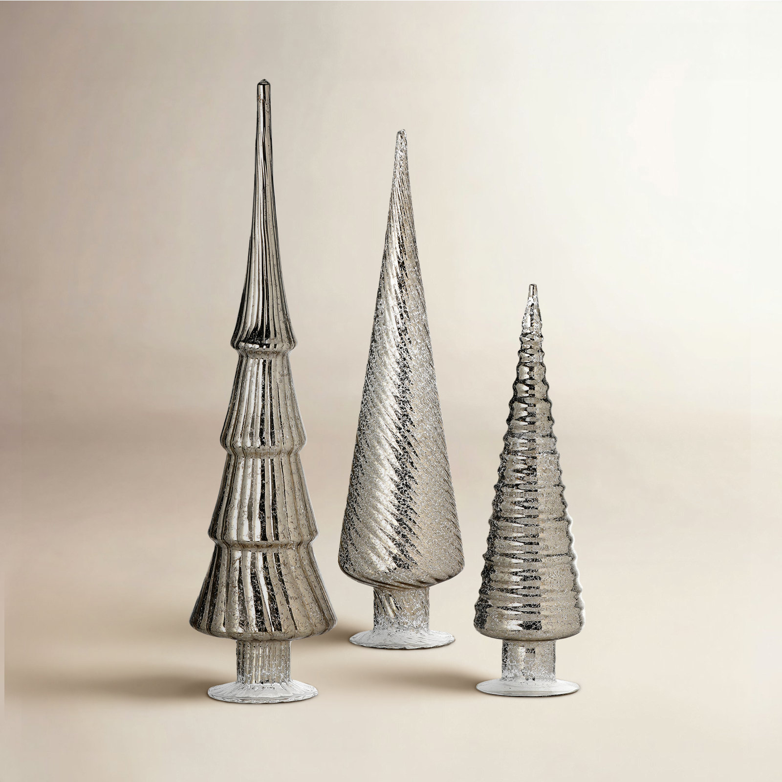 Glyndia 3-Piece Mercury Glass Tabletop Tree Set, Platinum