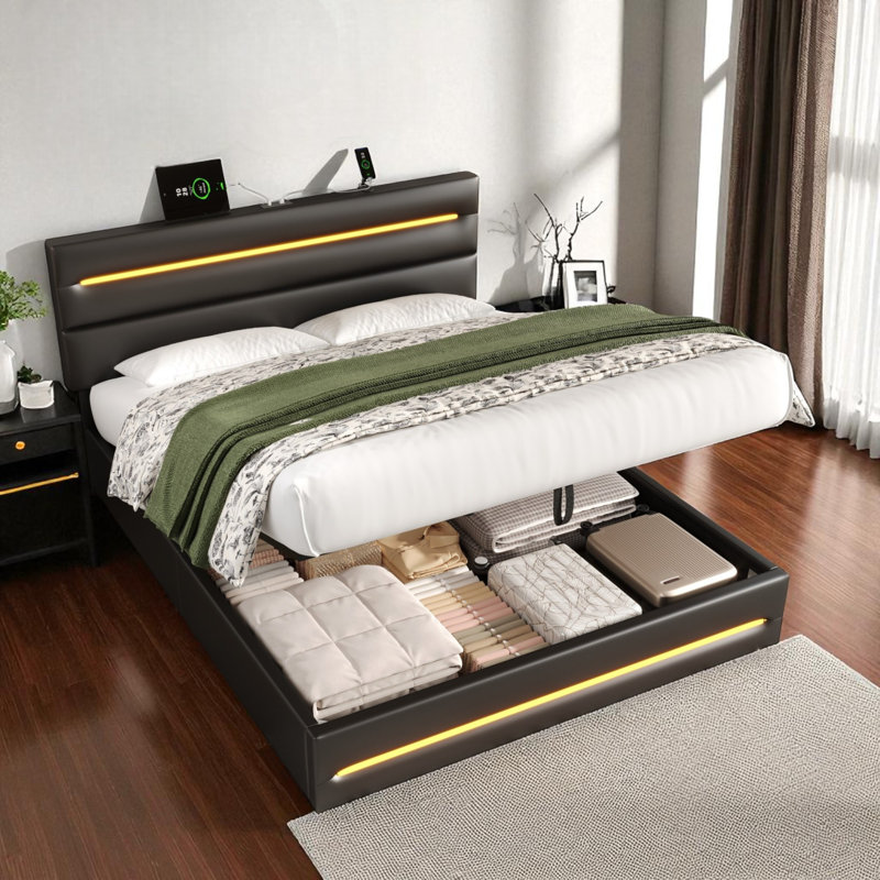 Black PU Upholstered Bed Frame With Hydraulic Storage, Ottoman Bed With LED Lighting And Charging Station, LED Adjustable Headboard With USB And Type - C Ports