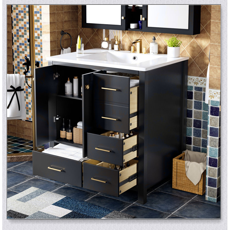 Ensemble de meuble-lavabo 30 po avec lavabo en céramique, armoire de rangement en bois massif, ensemble de meuble-lavabo autoportant avec 4 tiroirs et portes à fermeture douce, noir