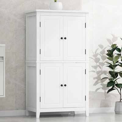 Armoire de rangement élégante pour salle de bain, unité de rangement pour salle de bain, armoire autoportante avec 4 portes, tablettes réglables, tablettes adaptables, blanc