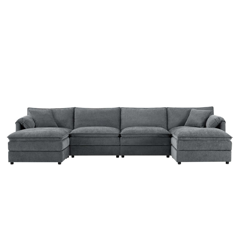Canapé modulaire en chenille avec sièges profonds et repose-pieds mobile Chenille, Chenille - gris foncé