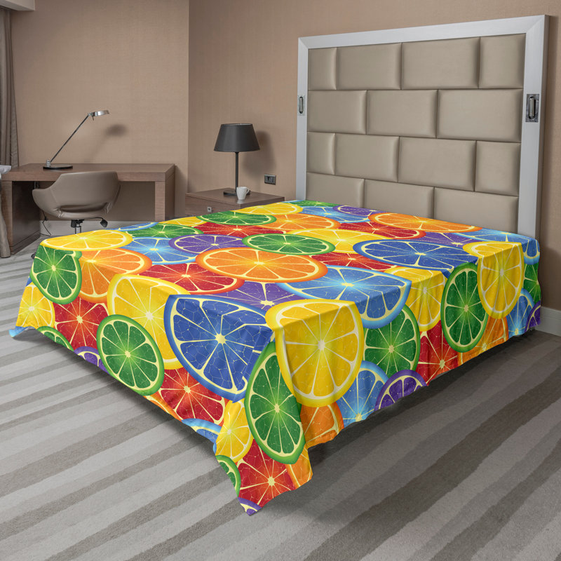 Ambesonne Top Flat Sheet Curving Art, Yellow Blue Green Abstract, Queen Flat Sheet