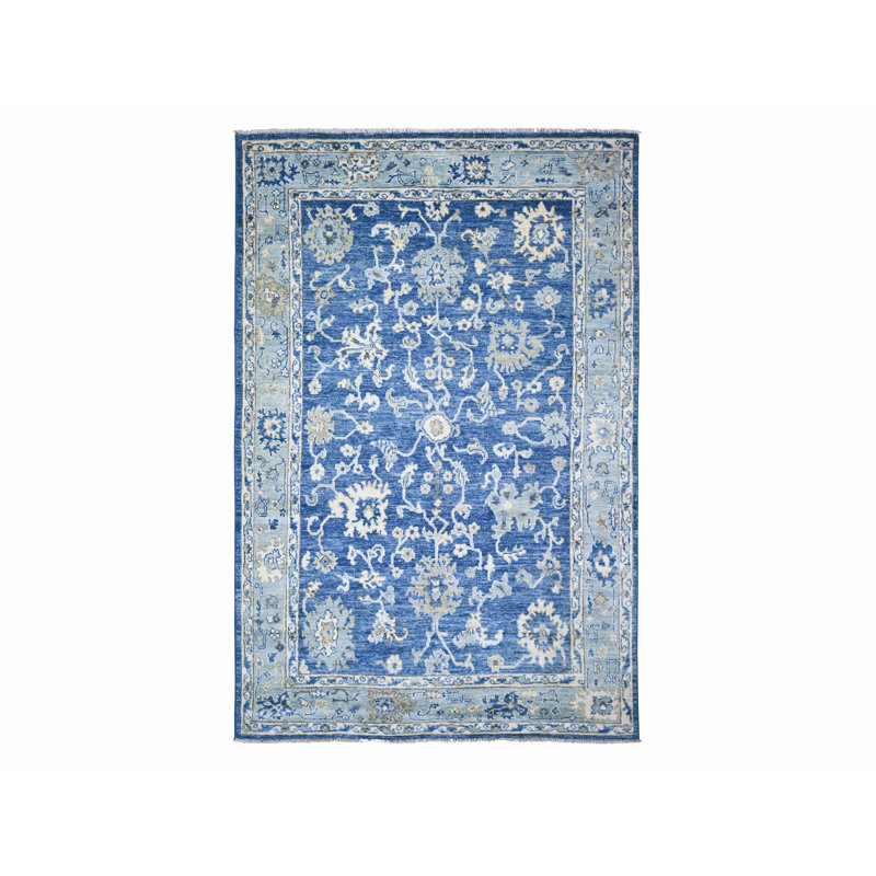 Tapis bleu en laine noué à la main 5 pi 8 po x 9 pi Angora Oushak