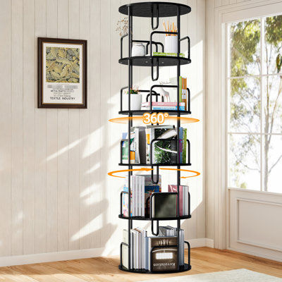 360 Rotating 5 Tier Bookshelf, Space - Saving Display For Bedroom, Black Finish Bookcase With Smooth Turntable, Functional Color