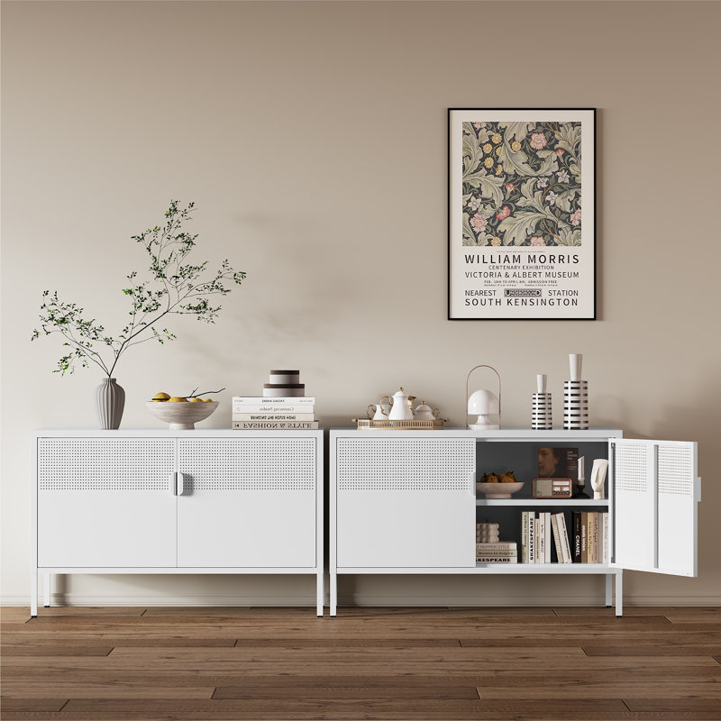  25 Inch Metal Side Cabinet, Double Door TV Stand, Storage Cabinet with Adjustable Shelves, White