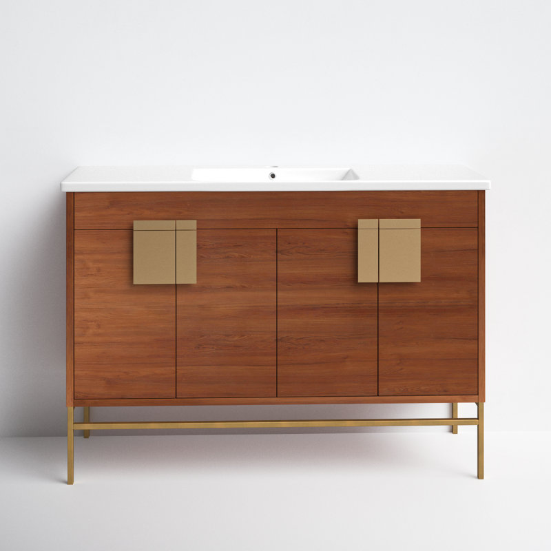 Maisie 48'' Single Bathroom Vanity with Ceramic Top, Satin Brass, Spicy Walnut