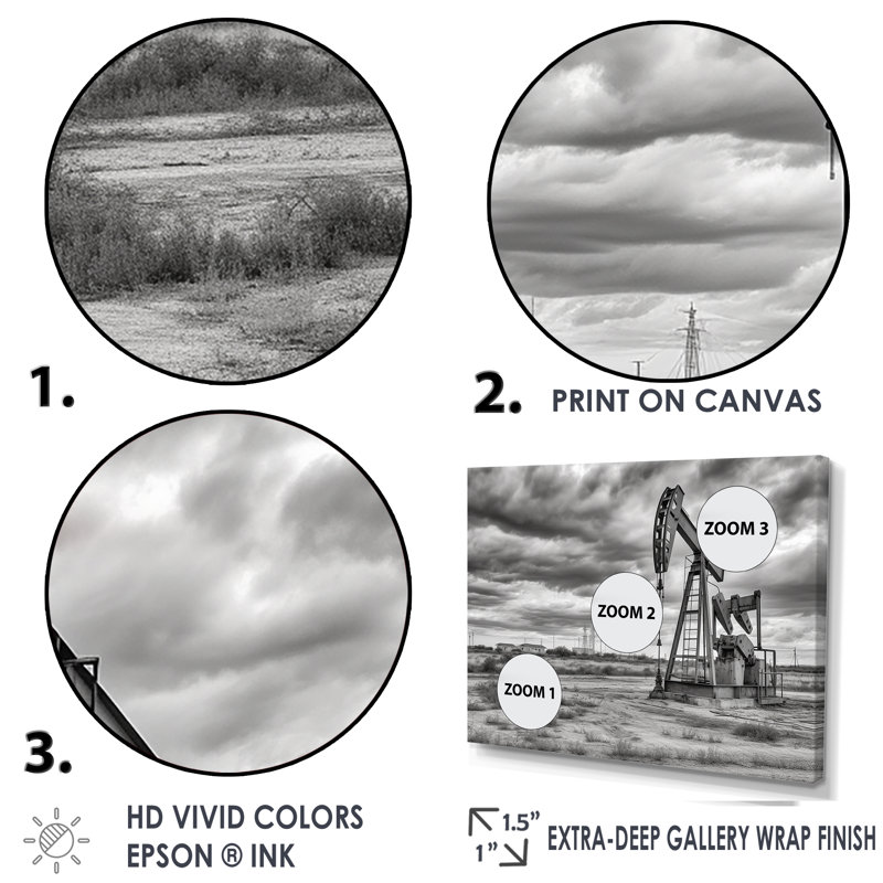 «Black and White Oil Drilling Rig Fields», reproduction sur toile, Cadre flottant noir, H 24 po x l 32 po x P 1 po