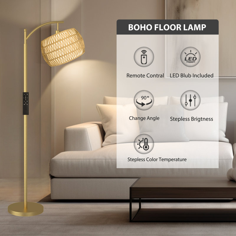 Lampe sur pied arquée / arquée avec télécommande, ampoule à intensité variable incluse, Or