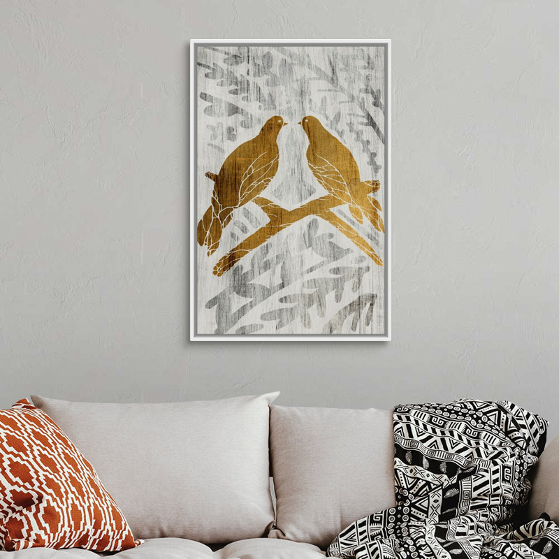 Reproduction d’art sur toile, « Two Turtle Doves-Gold Leaf », Cadre blanc, H 38 po x l 26 po x P 1,75 po