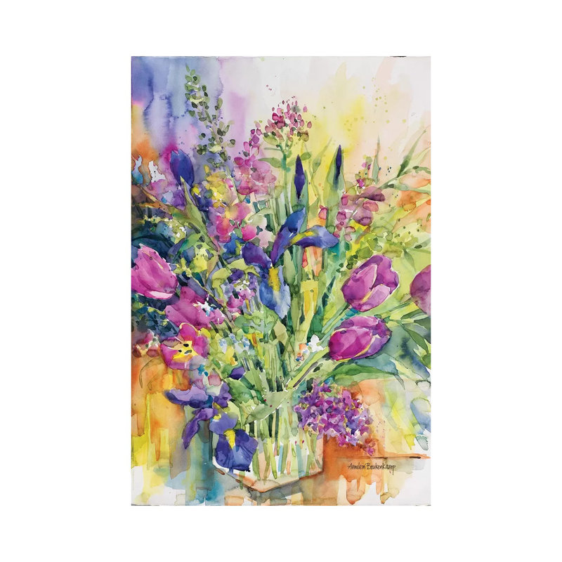 «Iris Blue and Tulips Too» par Annelein Beukenkamp - reproduction d'art, H 18 po x l 12 po x 1,5 po, Toile tendue, Aucun mat